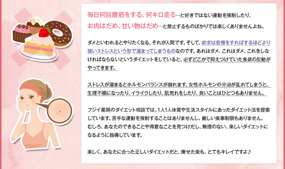 毎日何回腹筋をする、何キロ走る…と好きではない運動を強制したり、お肉はだめ、甘い物はだめ…と禁止するものばかりでは楽しくありませんよね。