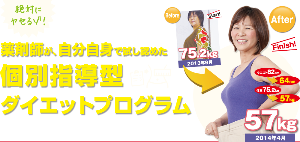 絶対にヤセるゾ! そう決意された方は、今すぐご連絡ください!薬剤師が、自分自身で試し認めた
個別指導型ダイエットプログラム特に、スカートやズボンのウエストがきつくなった方、意志が弱く、何をやってもダイエット成功しなかった方に、めちゃくちゃおススメです!