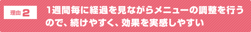 理由2 1週間毎に経過を見ながらメニューの調整を行うので、続けやすく、効果を実感しやすい